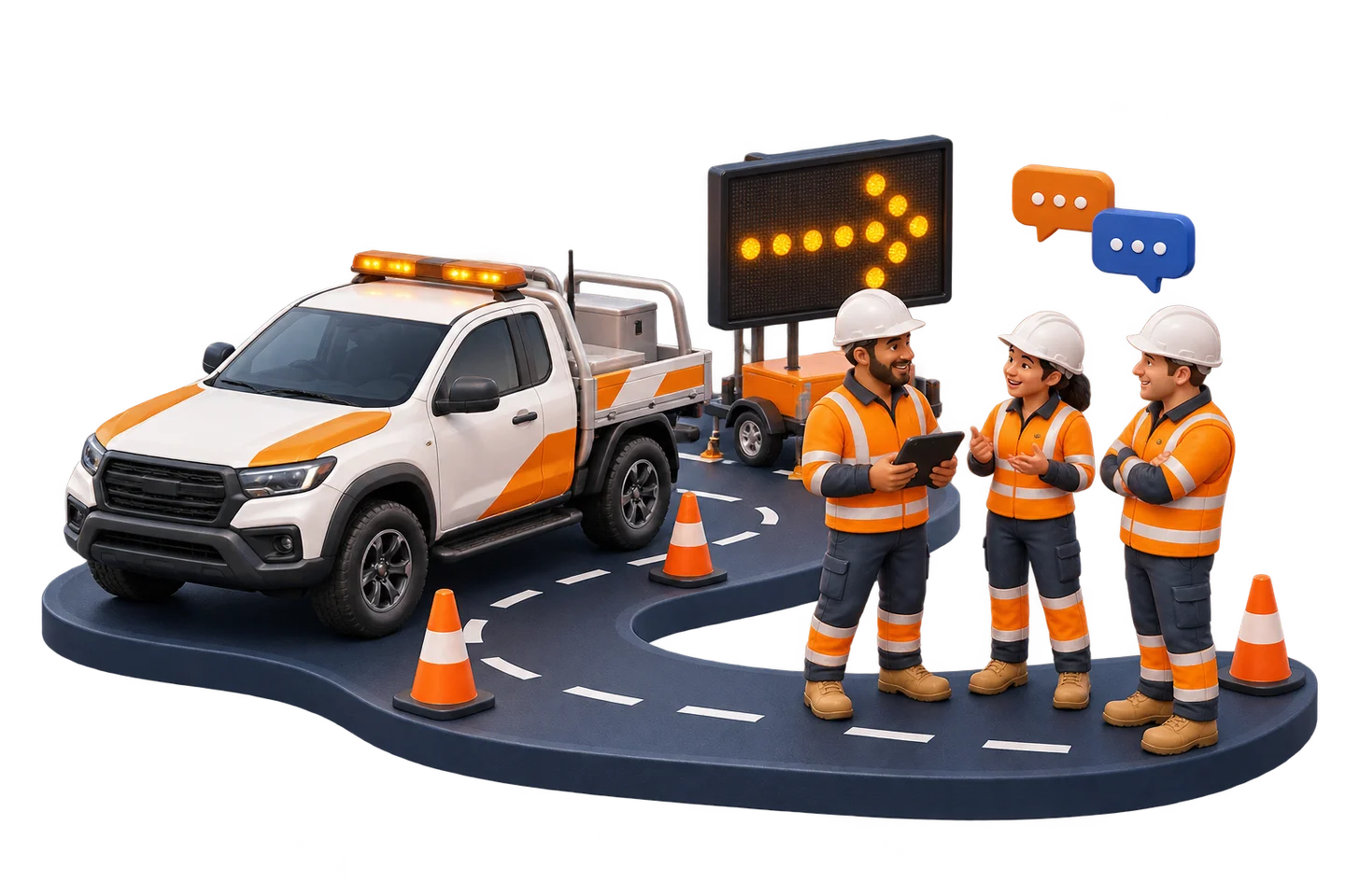Custom 3D illustration of a friendly traffic management crew, utility truck, arrow board and cones